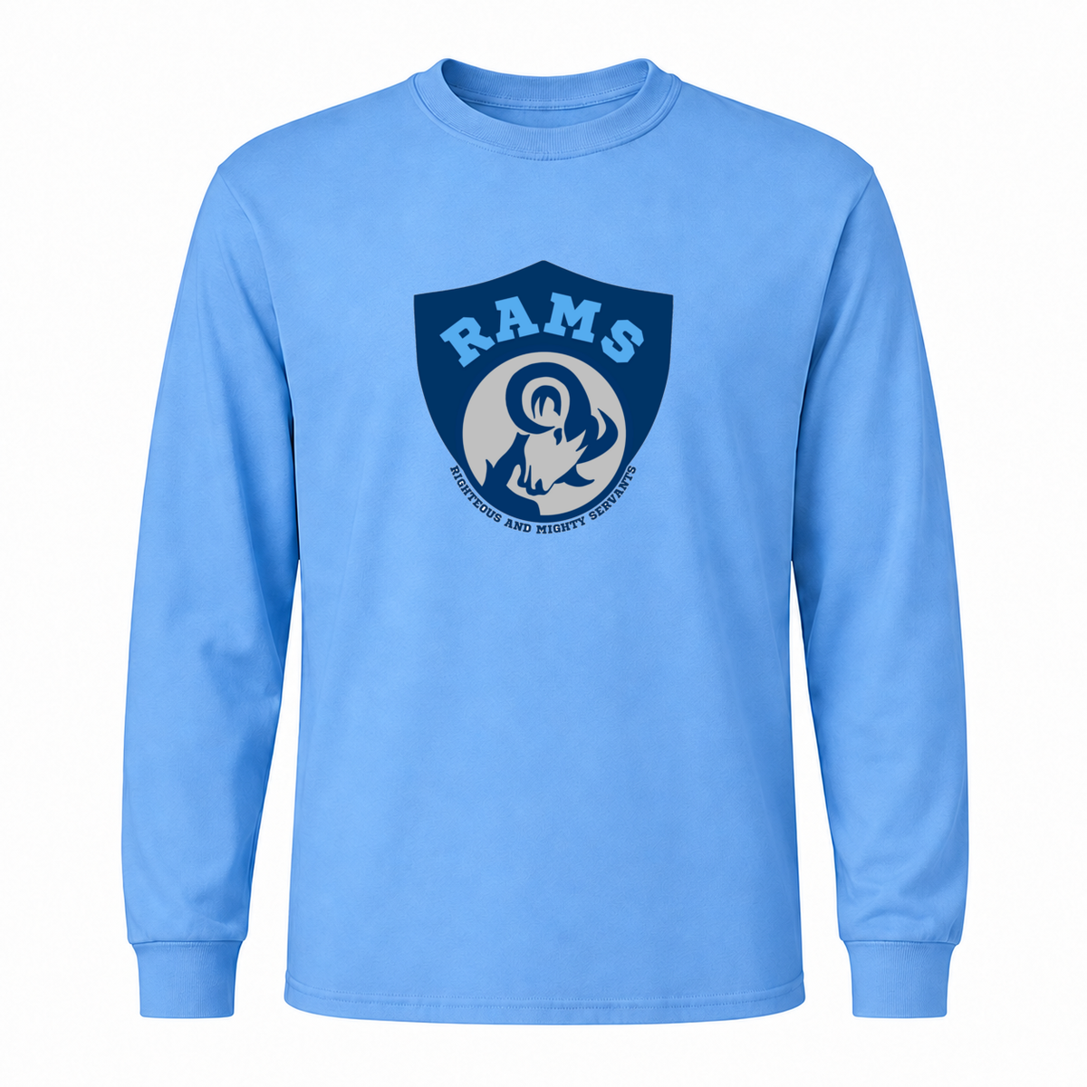 Rams Logo Cotton long sleeve in Carolina Blue with uniformly sized centered front DTF print