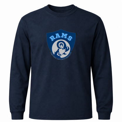 Rams Logo Cotton long sleeve in Navy with uniformly sized centered front DTF print