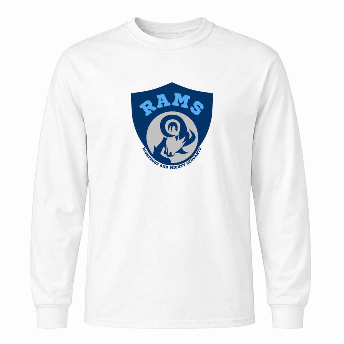 Rams Logo Cotton long sleeve in White with uniformly sized centered front DTF print