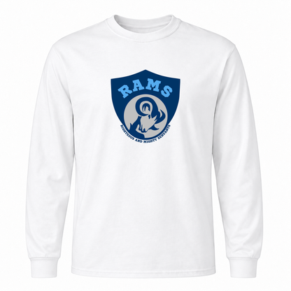 Rams Logo Cotton long sleeve in White with uniformly sized centered front DTF print