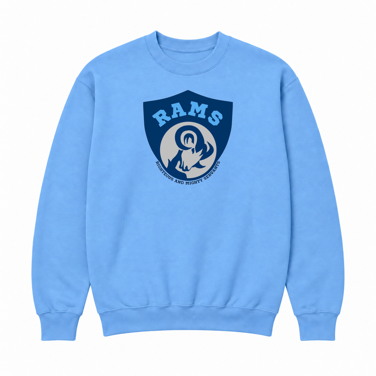 Rams Logo Crewneck sweatshirt in Carolina Blue with uniformly sized centered front DTF print