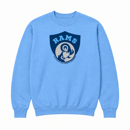 Rams Logo Crewneck sweatshirt in Carolina Blue with uniformly sized centered front DTF print