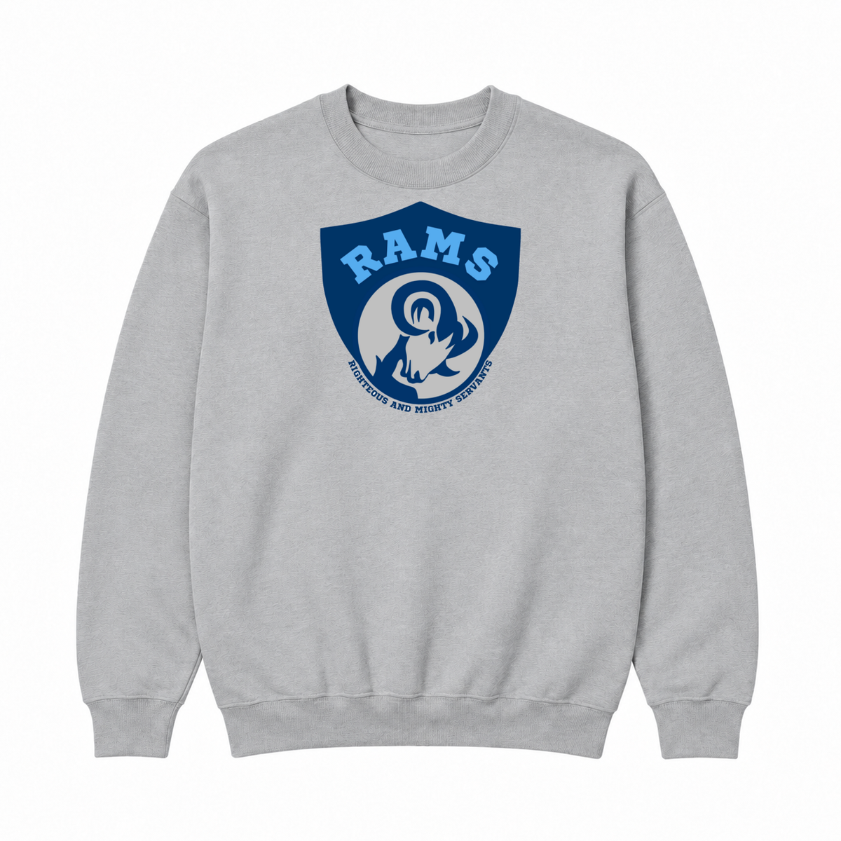 Rams Logo Crewneck sweatshirt in Gray with uniformly sized centered front DTF print
