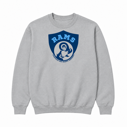 Rams Logo Crewneck sweatshirt in Gray with uniformly sized centered front DTF print