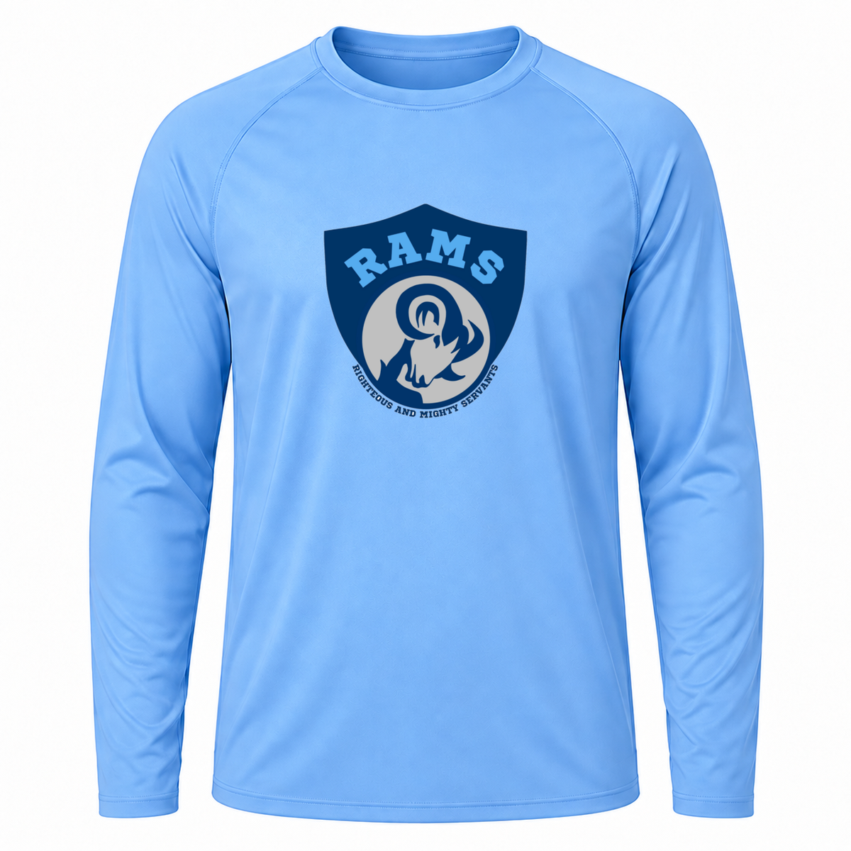 Rams Logo Performance long sleeve in Carolina Blue with uniformly sized centered front DTF print