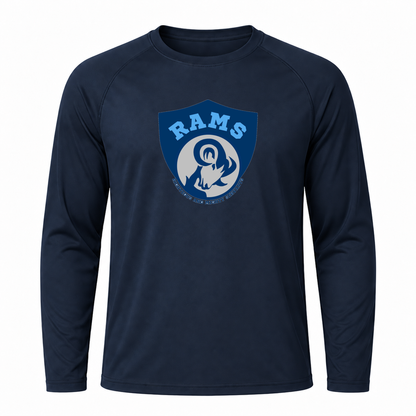 Rams Logo Performance long sleeve in Navy with uniformly sized centered front DTF print