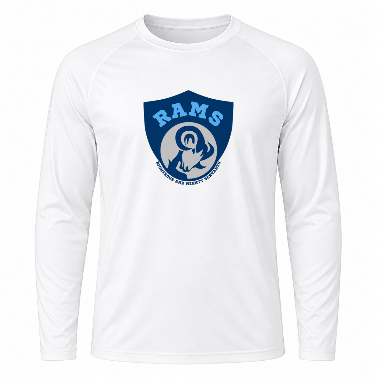 Rams Logo Performance long sleeve in White with uniformly sized centered front DTF print