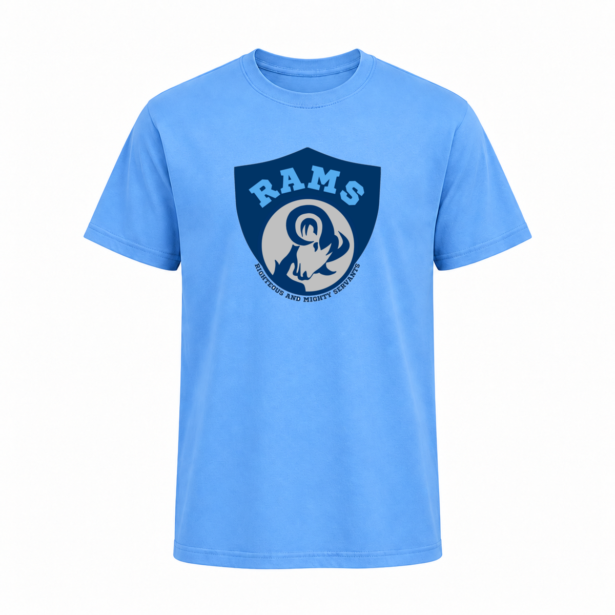 Rams Logo Short sleeve in Carolina Blue with uniformly sized centered front DTF print