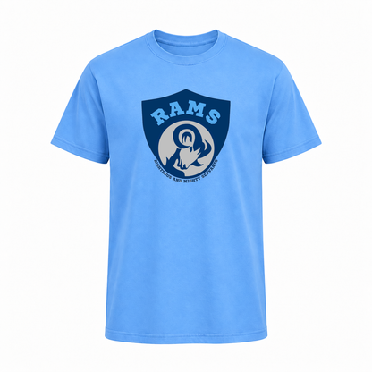 Rams Logo Short sleeve in Carolina Blue with uniformly sized centered front DTF print