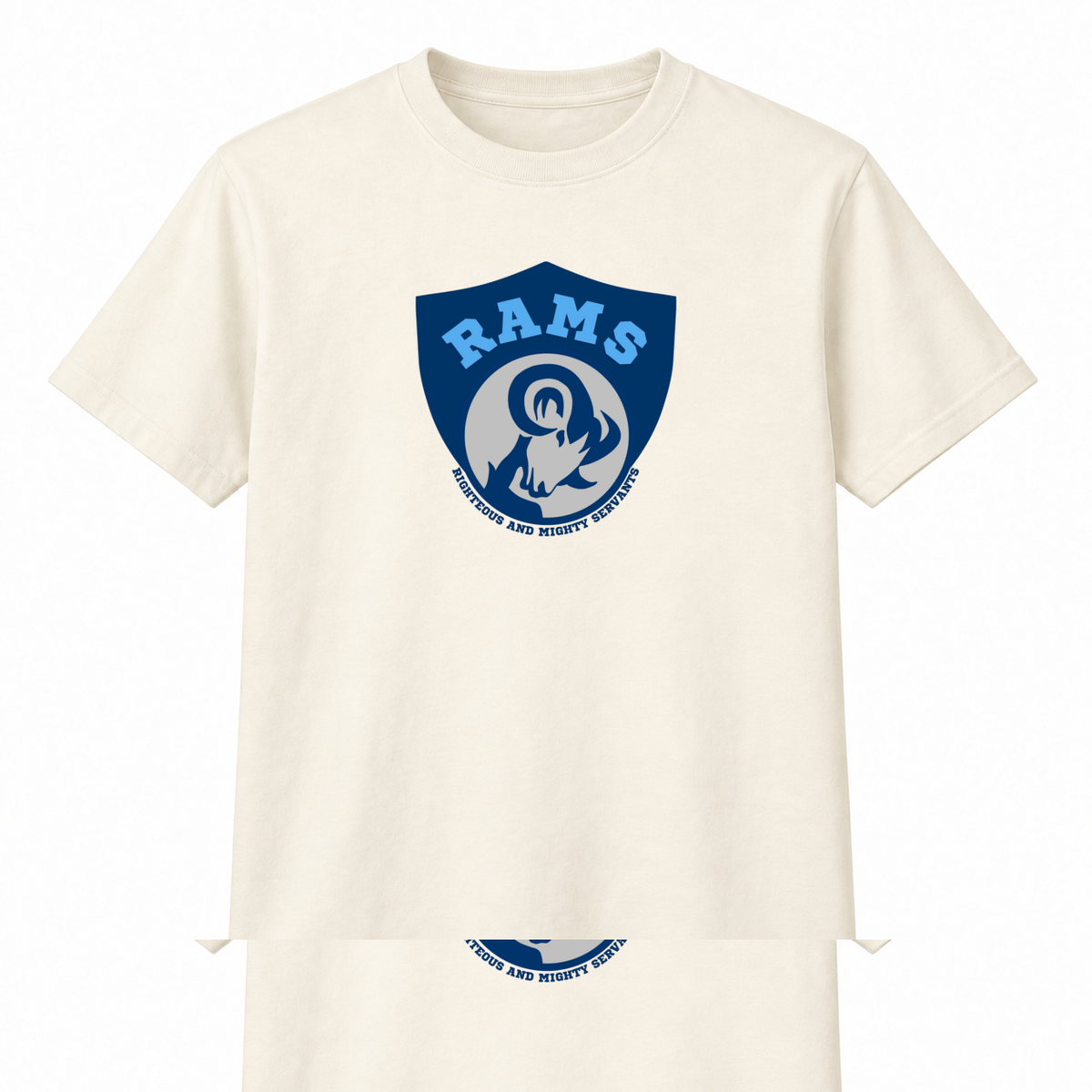 Rams Logo Short sleeve in Ivory with uniformly sized centered front DTF print