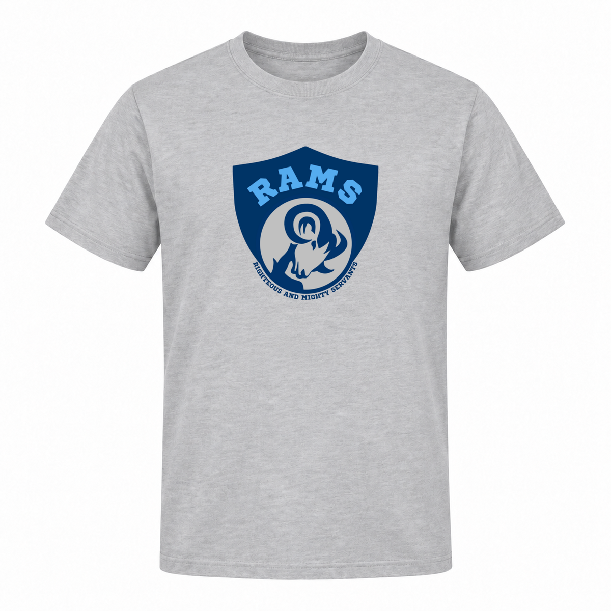 Rams Logo Short sleeve in Light Gray with uniformly sized centered front DTF print