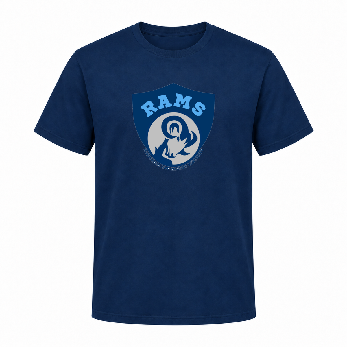 Rams Logo Short sleeve in Navy with uniformly sized centered front DTF print