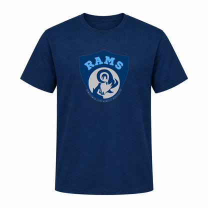 Rams Logo Short sleeve in Navy with uniformly sized centered front DTF print