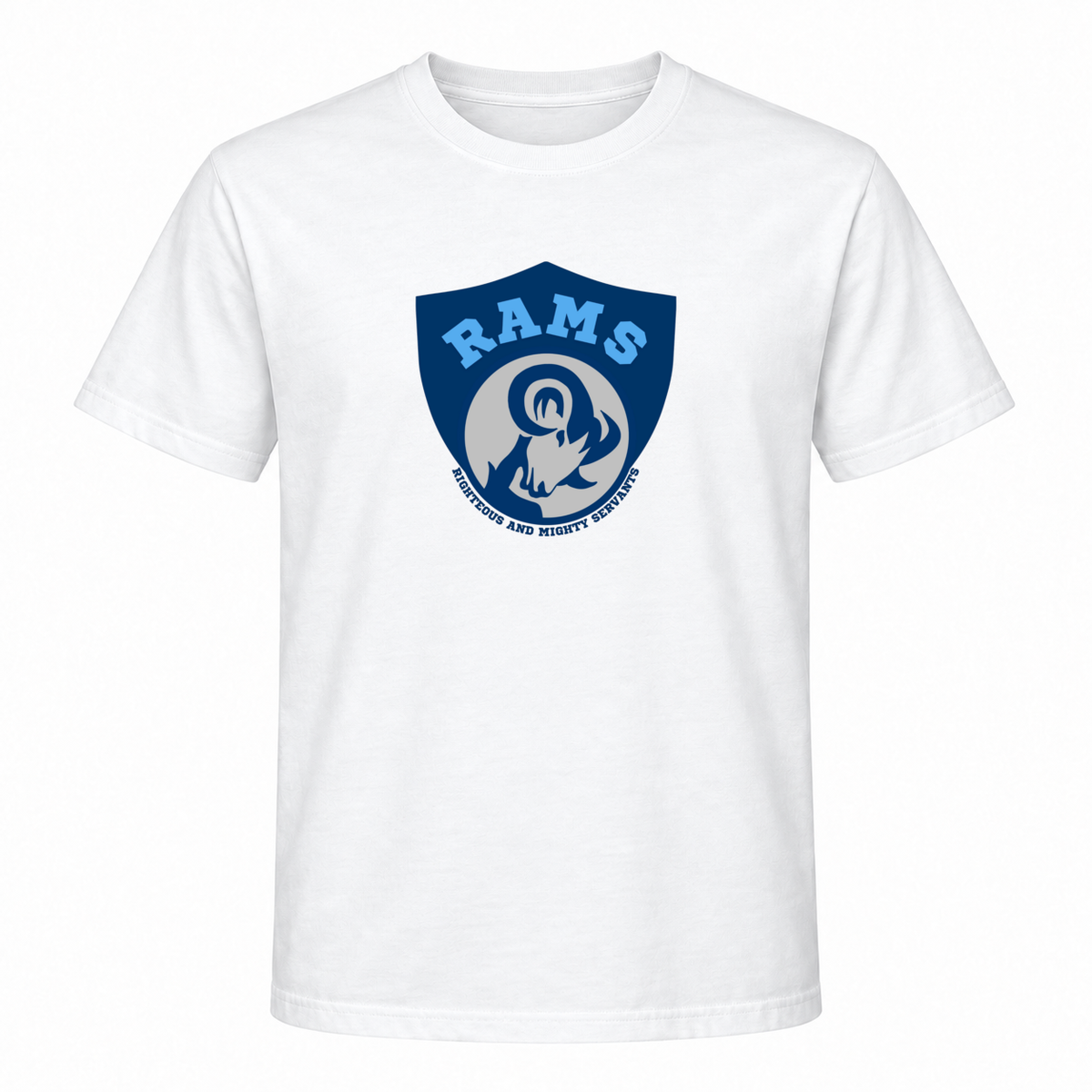Rams Logo Short sleeve in White with uniformly sized centered front DTF print